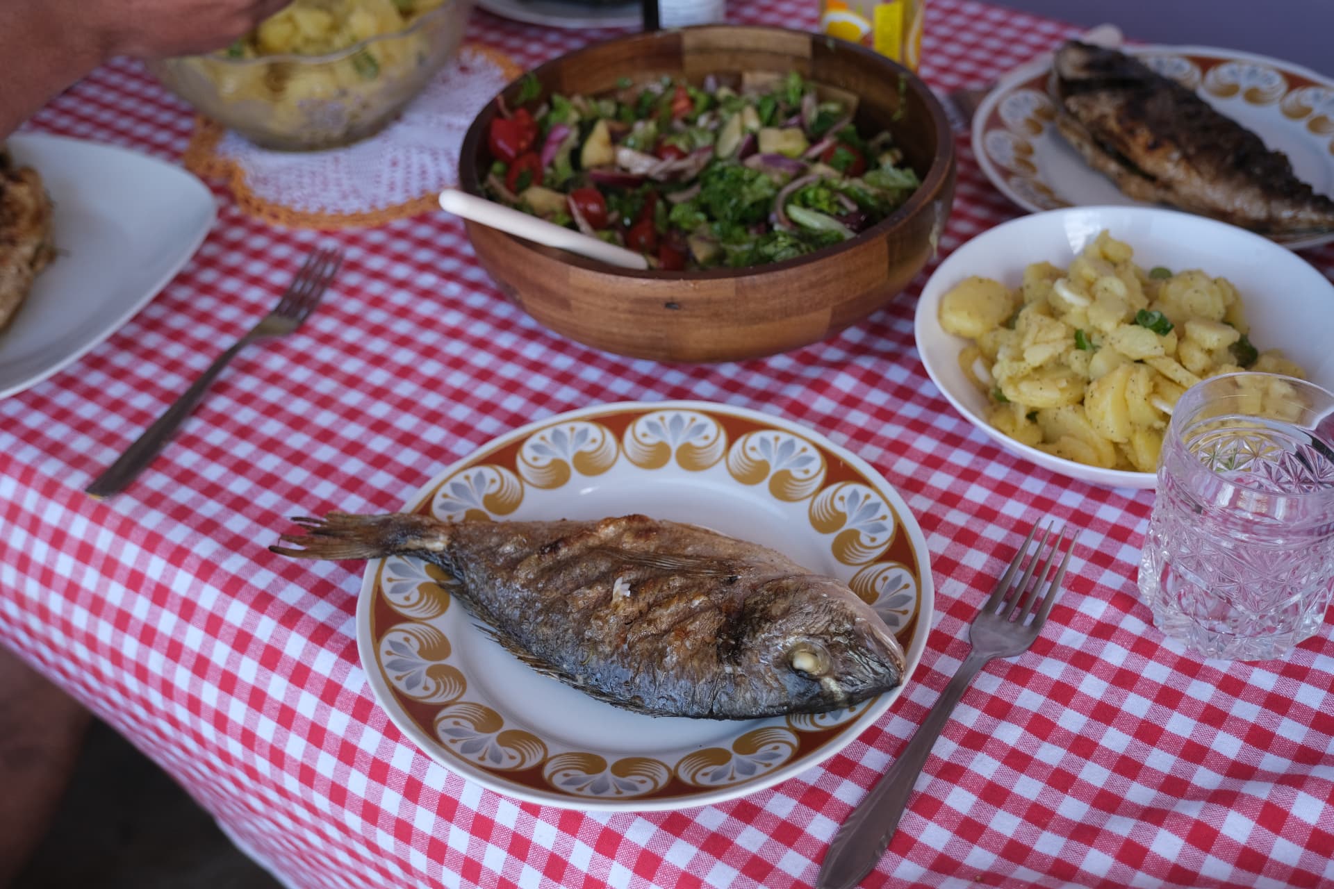 The table laid with grilled fish, salad and potatoes from the village
