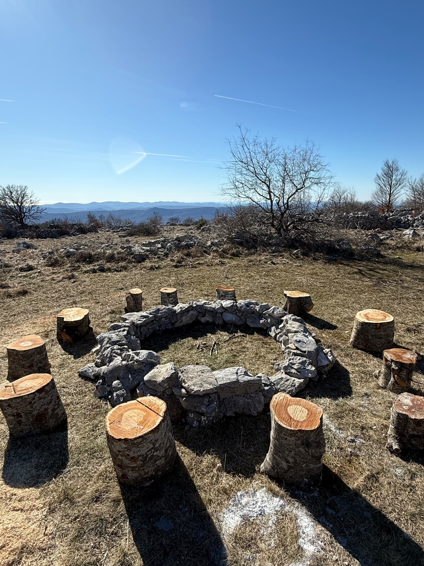 Stone fire circle ringed with log stools, mountains on the horizon
